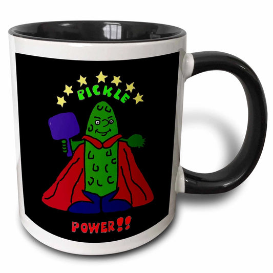 Funny Pickleball Super Hero Cartoon Pickle - 11oz Two-Tone Black Mug