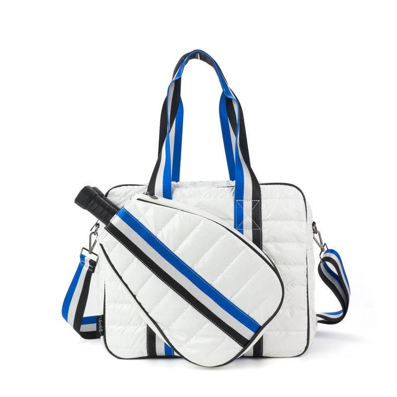 Puffer Pickle Ball Tote White w/ Blue Stripe in stock