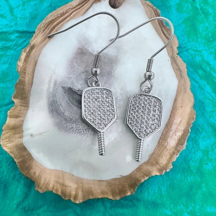 Pickleball Paddle Cz Dangle Earrings