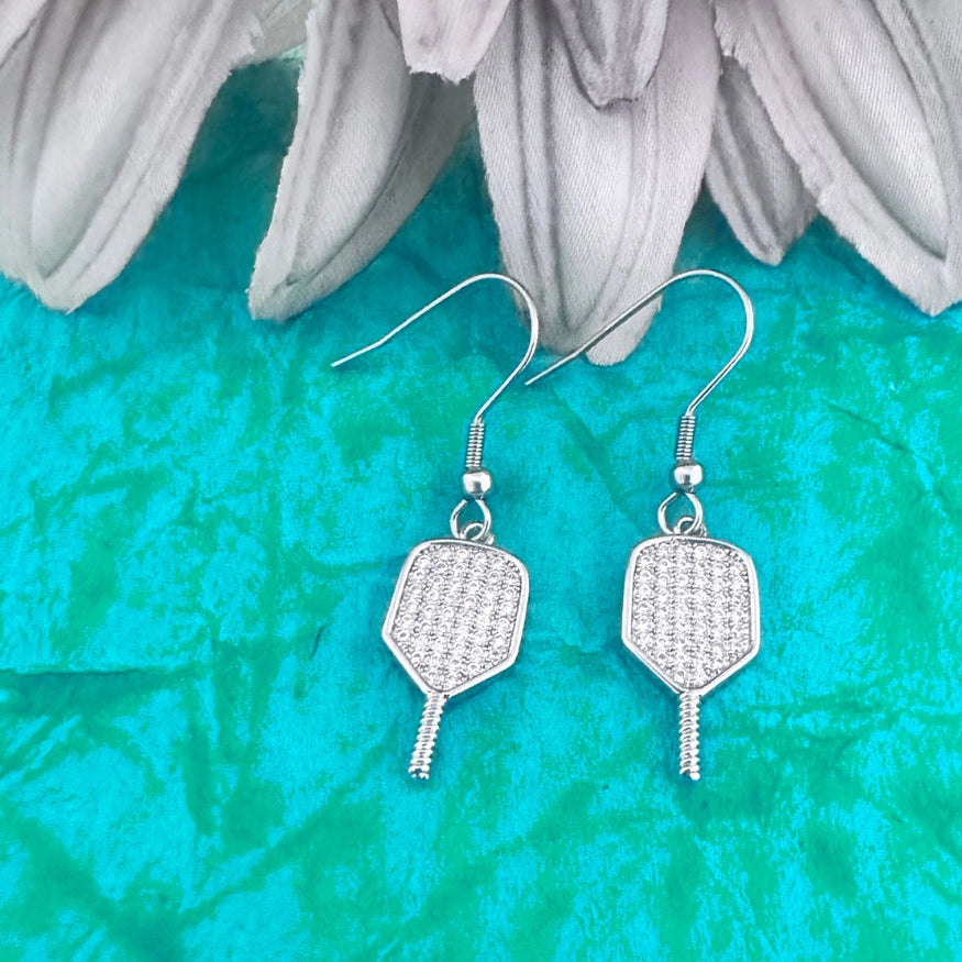 Pickleball Paddle Cz Dangle Earrings